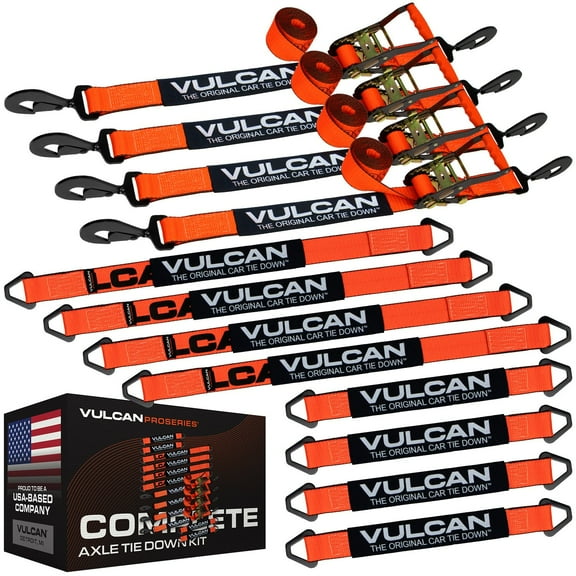 VULCAN Complete Axle Strap Tie Down Kit, Snap Hook Ratchet Straps, PROSeries, (4) 22 inch Axle Straps, (4) 36 inch Axle Straps, and (4) 8' Snap Hook Ratchet Straps