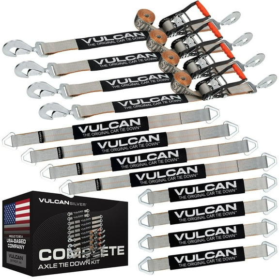 VULCAN Complete Axle Strap Tie Down Kit, Snap Hook Ratchet Straps, Silver Series, (4) 22 inch Axle Straps, (4) 36 inch Axle Straps, and (4) 8' Snap Hook Ratchet Straps