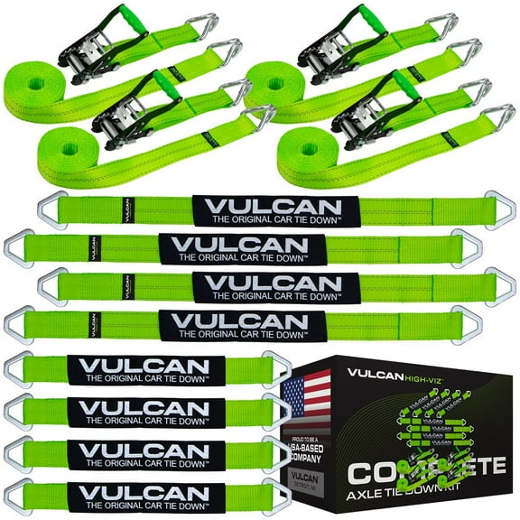VULCAN Complete Axle Strap Tie Down Kit, Wire Hook Ratchet Straps, High-Viz, (4) 22 inch Axle Straps, (4) 36 inch Axle Straps, and (4) 15' Wire J Hook Ratchet Straps