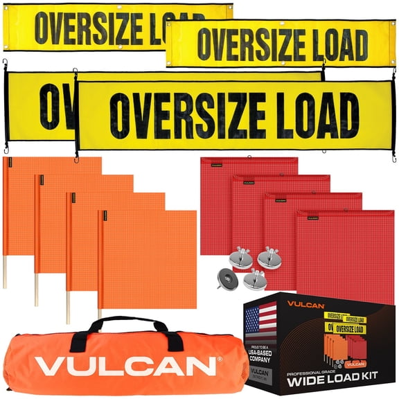 VULCAN Flags, Banners, and Magnets Kit, 2 Stretch Cord Oversize Load Signs, 2 Grommet Oversize Load Signs, 8 Magnets, 4 Red Flags, and 4 Orange Flags