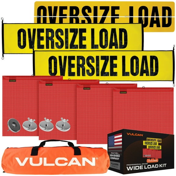 VULCAN Flags, Oversize Load Signs, and Magnets Kit, 1 Aluminum Oversize Load Sign, 2 Nylon Oversize Load Signs, 4 Red Flags, and 4 Magnets