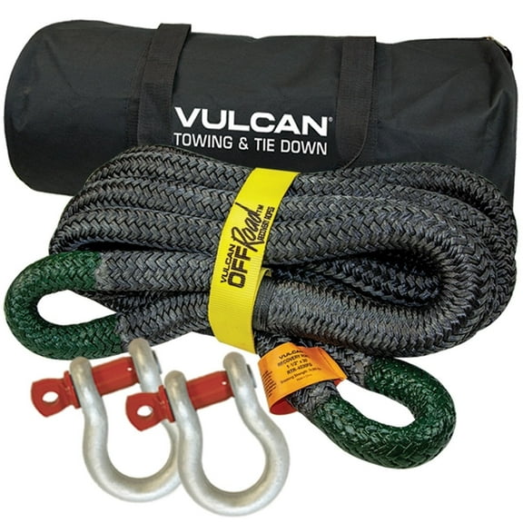 VULCAN Off-Road Recovery Rope Kit, 1-1/2 inch x 30 foot Rope, Two Shackles and Storage Bag, 74000 Lbs Breaking Strength, Green, Black