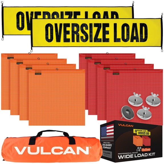 VULCAN Oversize Load Banners, Flags and Magnets Kit, 2 Stretch Cord Oversize Load Banners, 4 Magnets, 4 Red Flags, 4 Orange Flags, and Bag