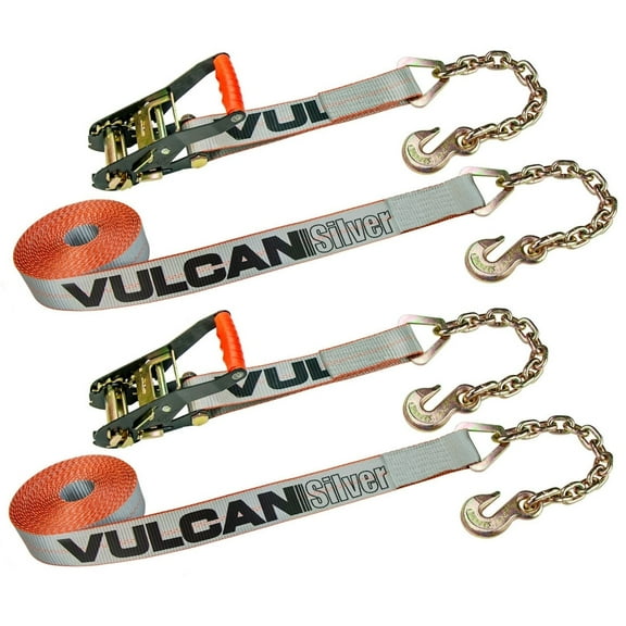 VULCAN Ratchet Strap - Chain Anchors - 2 inch x 27 foot - 2 Pack - Silver Series - 3600 Lbs SWL