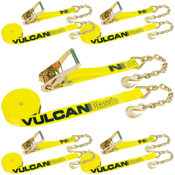 VULCAN Ratchet Strap - Chain Anchors - Classic Yellow - 2 inch x 27 foot - Case of 5 - 3600 Lbs SWL