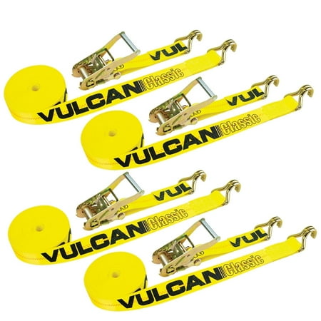 VULCAN Ratchet Straps - Wire J Hooks - 2 inch x 15 foot - 4 Pack - Classic Yellow - 3300 Lbs SWL