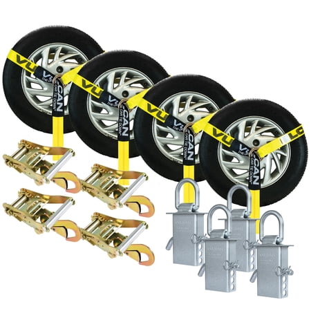 VULCAN Snap Hook Tie Down Kits with Heavy Duty Stake Pocket D Rings - Lasso Style - Classic Yellow