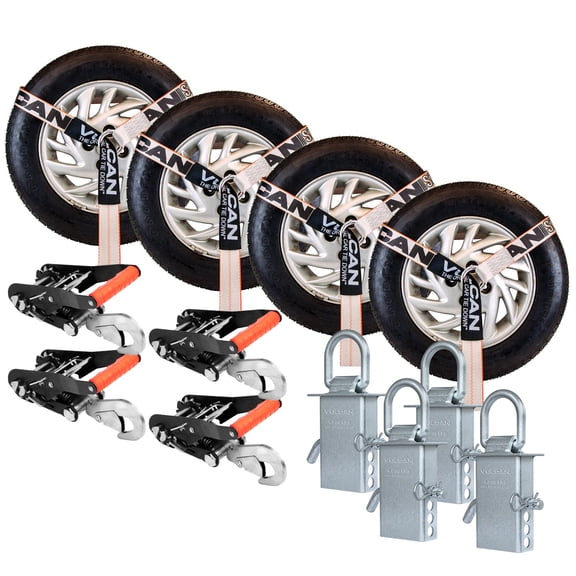 VULCAN Snap Hook Tie Down Kits with Heavy Duty Stake Pocket D Rings - Lasso Style - Silver Series