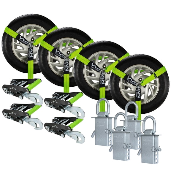 VULCAN Snap Hook Vehicle Tie Down Kits - Heavy Duty Stake Pocket D Rings - Lasso Style - High-Viz