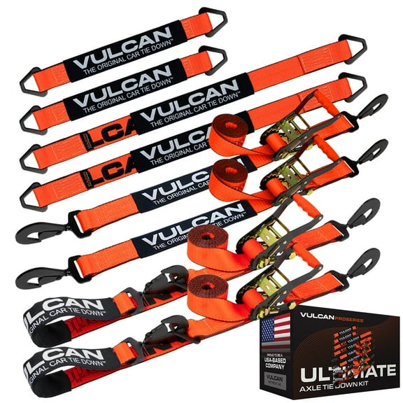 VULCAN Ultimate Axle Tie Down Kit, PROSeries, (2) 22 inch Axle Straps, (2) 36 inch Axle Straps, (2) 96 inch Snap Hook Ratchet Straps, and (2) 112 inch Axle Tie Down Combination Straps