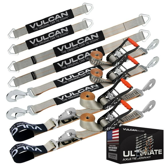 VULCAN Ultimate Axle Tie Down Kit, Silver Series, (2) 22 inch Axle Straps, (2) 36 inch Axle Straps, (2) 96 inch Snap Hook Ratchet Straps, and (2) 112 inch Axle Tie Down Combination Straps