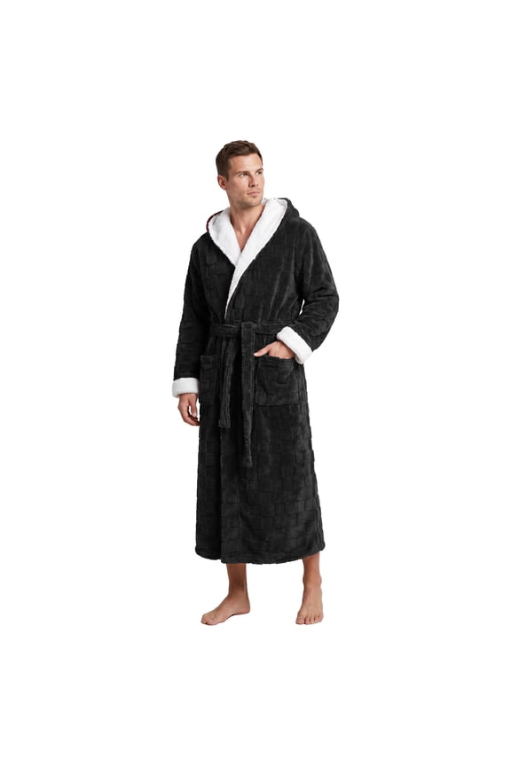 Men's Fleece Robe, Cozy Checkerboard Plush Hooded Bathrobe for Men Fluffy Loungewear with Pockets(BLACK, S/M)