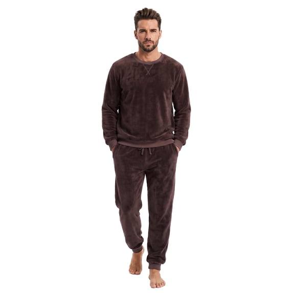 VULCANODON Men's Pajama Set, Soft Plush Long Sleeve Sleepwear Crew Neck Pjs WarmWinter Loungewear with Pockets