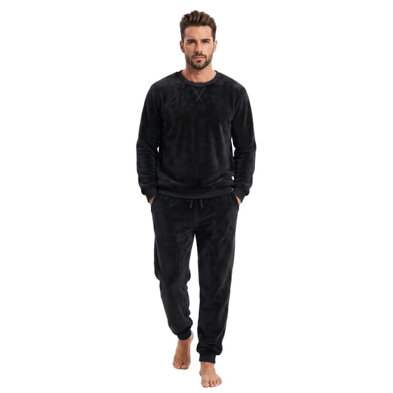 VULCANODON Men's Pajama Set, Soft Plush Long Sleeve Sleepwear Crew Neck Pjs WarmWinter Loungewear with Pockets