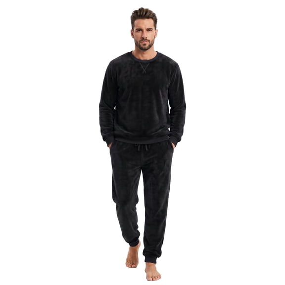 VULCANODON Men's Pajama Set, Soft Plush Long Sleeve Sleepwear Crew Neck Pjs WarmWinter Loungewear with Pockets