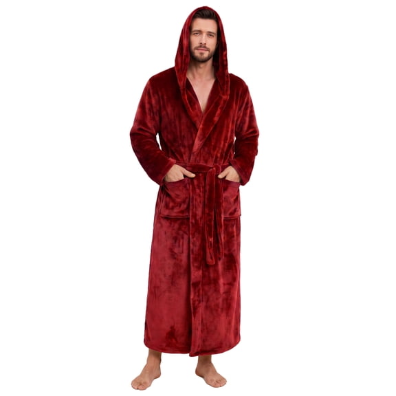 VULCANODON Mens Big and Tall Robe with Hooded, Full Length Thickened Plush Bathrobe (Burgundy, 2XL/3XL)