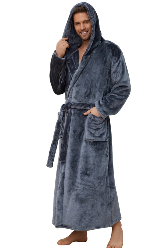 Mens Big and Tall Robe with Hooded, Full Length Thickened Plush Bathrobe (Dark Grey, S/M)