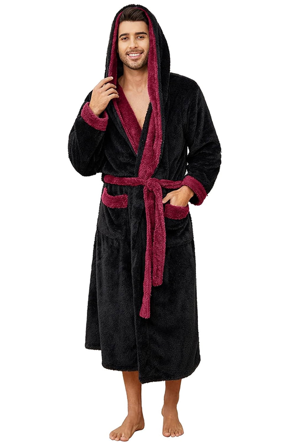 VULCANODON Men's Hooded Robe, Full Length Plush Fleece Bathrobe, LargeXLarge, Burgundy/Black