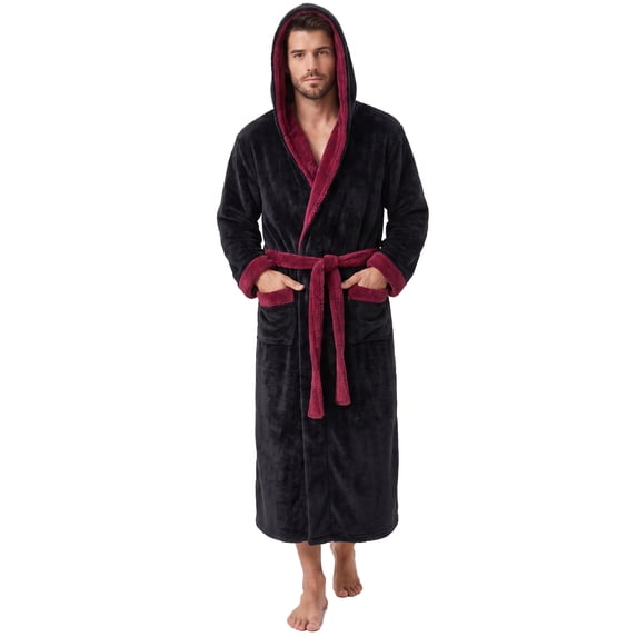 VULCANODON Mens Hooded Robe, Big and Tall Full Length Plush Robe for Men Long Fleece Bathrobe(Burgundy/Black, Large-X-Large)