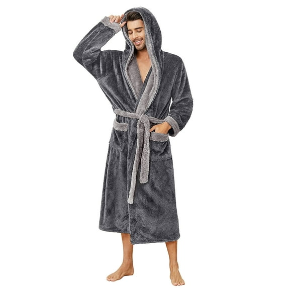 VULCANODON Mens Hooded Robe, Big and Tall Full Length Plush Robe for Men Long Fleece Bathrobe(Dark Grey/Light Grey, Small-Medium)