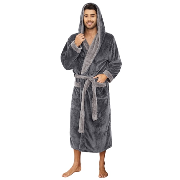VULCANODON Mens Hooded Robe, Big and Tall Full Length Plush Robe for Men Long Fleece Bathrobe(Dark Grey/Light Grey,XX-Large-3X-Large)
