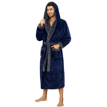 VULCANODON Mens Hooded Robe, Big and Tall Full Length Plush Robe for Men Long Fleece Bathrobe（Navy/Grey, Large-X-Large）