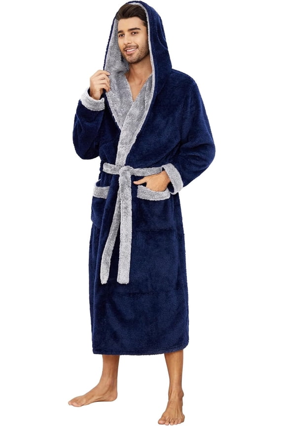 Mens Hooded Robe, Big and Tall Full Length Plush Robe for Men Long Fleece Bathrobe(Navy/Light Grey, Large-X-Large)