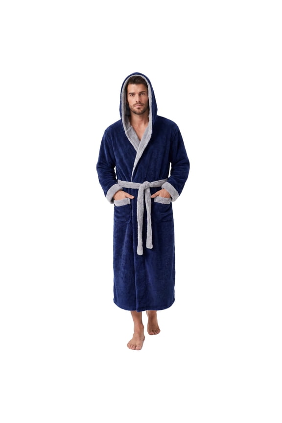 Mens Hooded Robe, Big and Tall Full Length Plush Robe for Men Long Fleece Bathrobe（Navy/Light Grey, Large-X-Large）