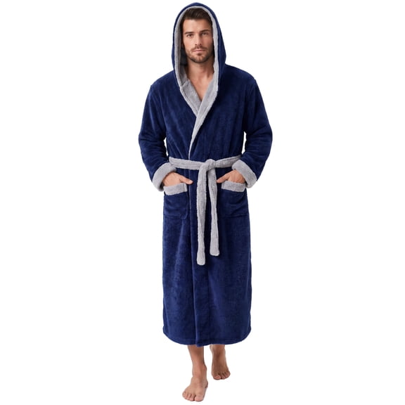 VULCANODON Mens Hooded Robe, Big and Tall Full Length Plush Robe for Men Long Fleece Bathrobe(Navy/Light Grey, Large-X-Large)