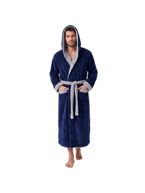 Mens Hooded Robe, Big and Tall Full Length Plush Robe for Men Long Fleece Bathrobe(Navy/Light Grey, Large-X-Large)