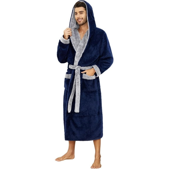 VULCANODON Mens Hooded Robe, Big and Tall Full Length Plush Robe for Men Long Fleece Bathrobe(Navy/Light Grey, Small-Medium)