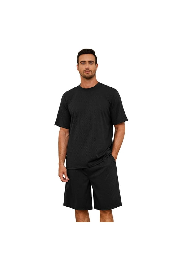 Mens Pajama Set, Short Sleeved Pajamas Set for Men Lounge Sleepwear with Pockets (Black, M)