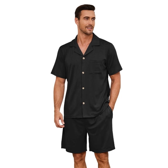 VULCANODON Mens Pajamas Set, Lightweight Button-Down Short Sleeve Sleepwear 2-Piece for Men (Black, M)