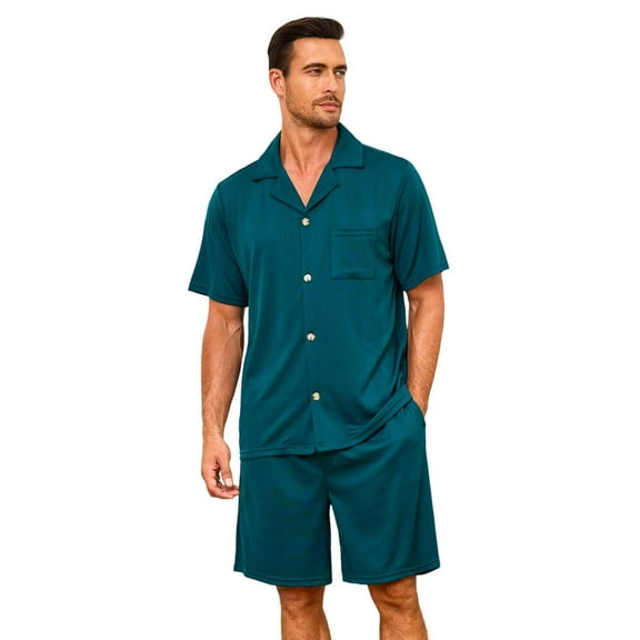 VULCANODON Mens Pajamas Set, Lightweight Button-Down Short Sleeve Sleepwear 2-Piece for Men (Dark Green, S)