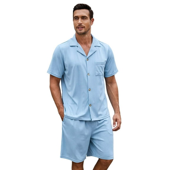 VULCANODON Mens Pajamas Set, Lightweight Button-Down Short Sleeve Sleepwear 2-Piece for Men (Grey Blue, S)