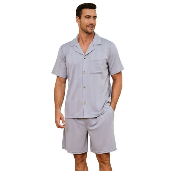 VULCANODON Mens Pajamas Set, Lightweight Button-Down Short Sleeve Sleepwear 2-Piece for Men (Light Grey, S)