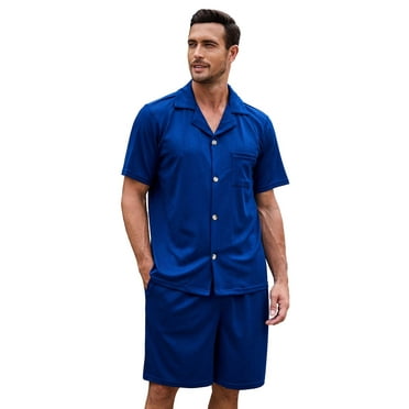 VULCANODON Mens Pajamas Set, Lightweight Button-Down Short Sleeve Sleepwear 2-Piece for Men (Navy, L)