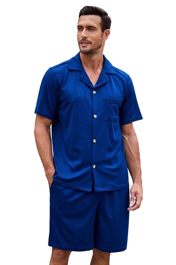 Mens Pajamas Set, Lightweight Button-Down Short Sleeve Sleepwear 2-Piece for Men (Navy, S)