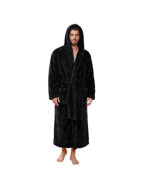 Mens Robe Big and Tall with Hood,Full Length Plush Robe for Men Long Fleece Bathrobe(Black, Large-X-Large)
