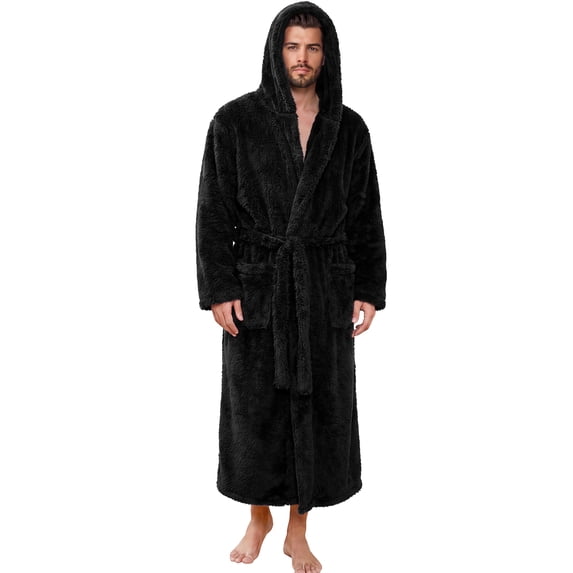 VULCANODON Mens Robe Big and Tall with Hood,Full Length Plush Robe for Men Long Fleece Bathrobe(Black, Small-Medium)