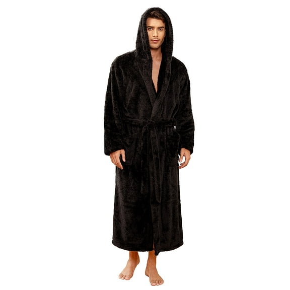 VULCANODON Mens Robe Big and Tall with Hood,Full Length Plush Robe for Men Long Fleece Bathrobe（Black, Small-Medium）