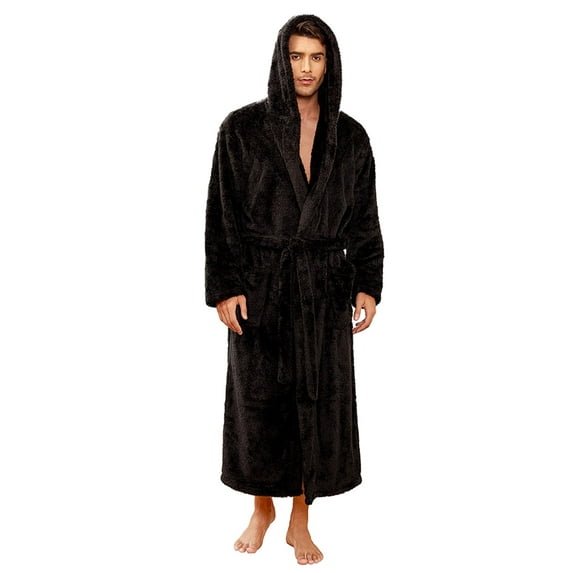 VULCANODON Mens Robe Big and Tall with Hood,Full Length Plush Robe for Men Long Fleece Bathrobe(Black, Small-Medium)