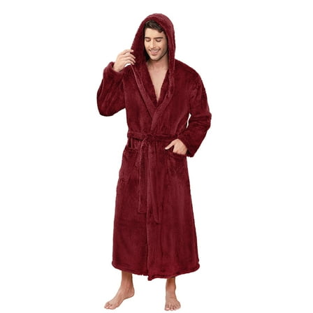 VULCANODON Mens Robe Big and Tall with Hood,Full Length Plush Robe for Men Long Fleece Bathrobe（Burgundy, Large-X-Large）