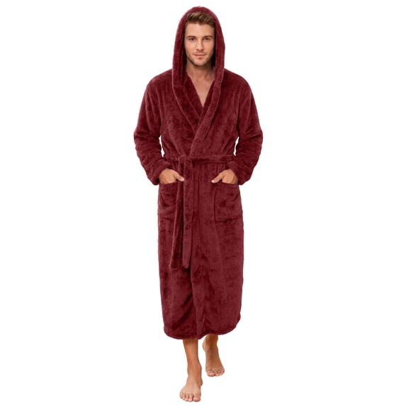 VULCANODON Mens Robe Big and Tall with Hood,Full Length Plush Robe for Men Long Fleece Bathrobe(Burgundy, XX-Large-3X-Large)