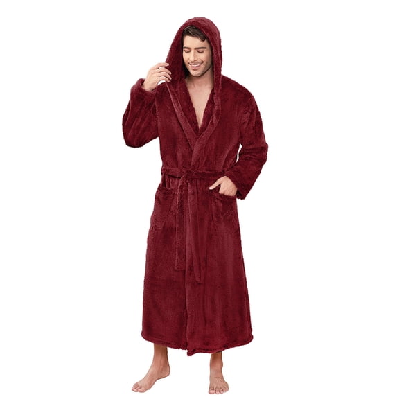 VULCANODON Mens Robe Big and Tall with Hood,Full Length Plush Robe for Men Long Fleece Bathrobe(Burgundy, XX-Large-3X-Large)