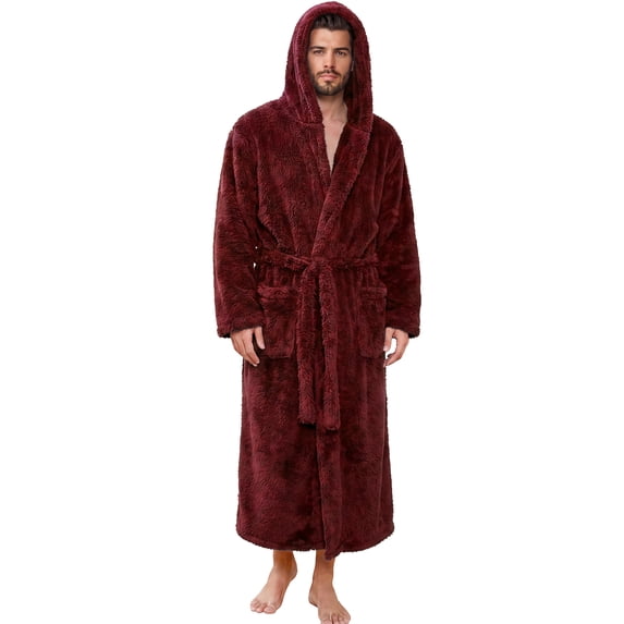 VULCANODON Mens Robe Big and Tall with Hood,Full Length Plush Robe for Men Long Fleece Bathrobe(Burgundy, XX-Large-3X-Large)