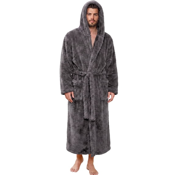 VULCANODON Mens Robe Big and Tall with Hood,Full Length Plush Robe for Men Long Fleece Bathrobe(Dark Grey, Large-X-Large )