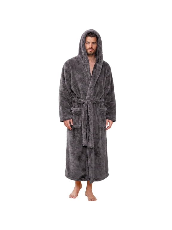 Mens Robe Big and Tall with Hood,Full Length Plush Robe for Men Long Fleece Bathrobe(Dark Grey, Large-X-Large )