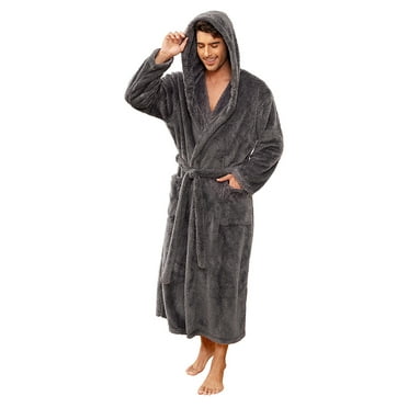 VULCANODON Mens Robe Big and Tall with Hood,Full Length Plush Robe for Men Long Fleece Bathrobe（Dark Grey, Large-X-Large ）