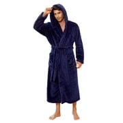 VULCANODON Mens Robe Big and Tall with Hood,Full Length Plush Robe for Men Long Fleece Bathrobe（Navy, Large-X-Large）